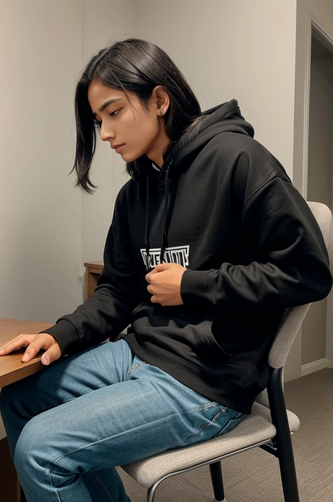 Upper side view image , a person wearing black hoodie , he sitting on chair , and his hand on table