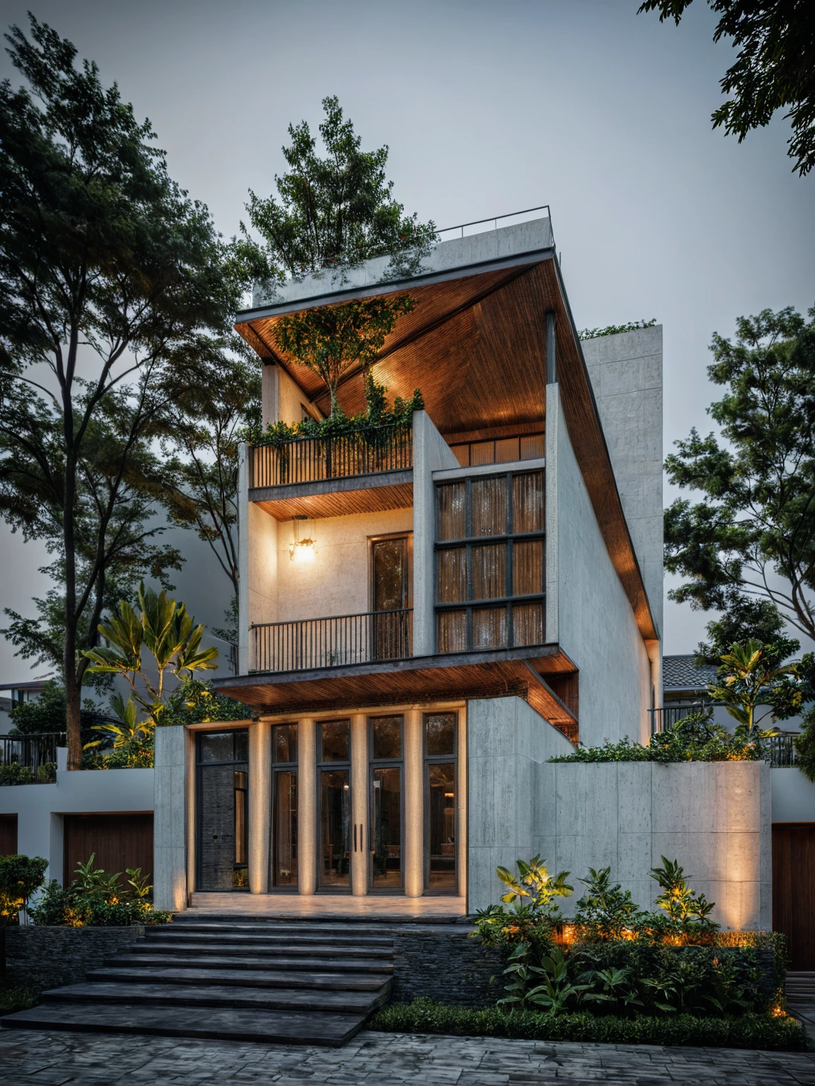 modern villa, modern style, traditional ventilation tiles, open space loft villa with roof garden, modern, dynamic (RAW photo, real, best quality, masterpiece:1.2), (hyper realistic, photo-realistic:1.2), high quality, (dark lighting:1.2), perfect lighting, archdaily, architecture digest award wining sustainable architecture, cinematic, random style