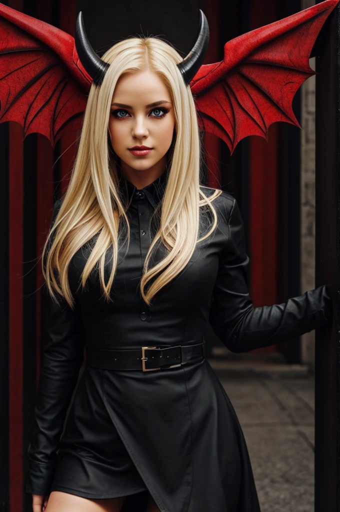Succubus, blonde hair, red eyes, black dress, black horns, red wings