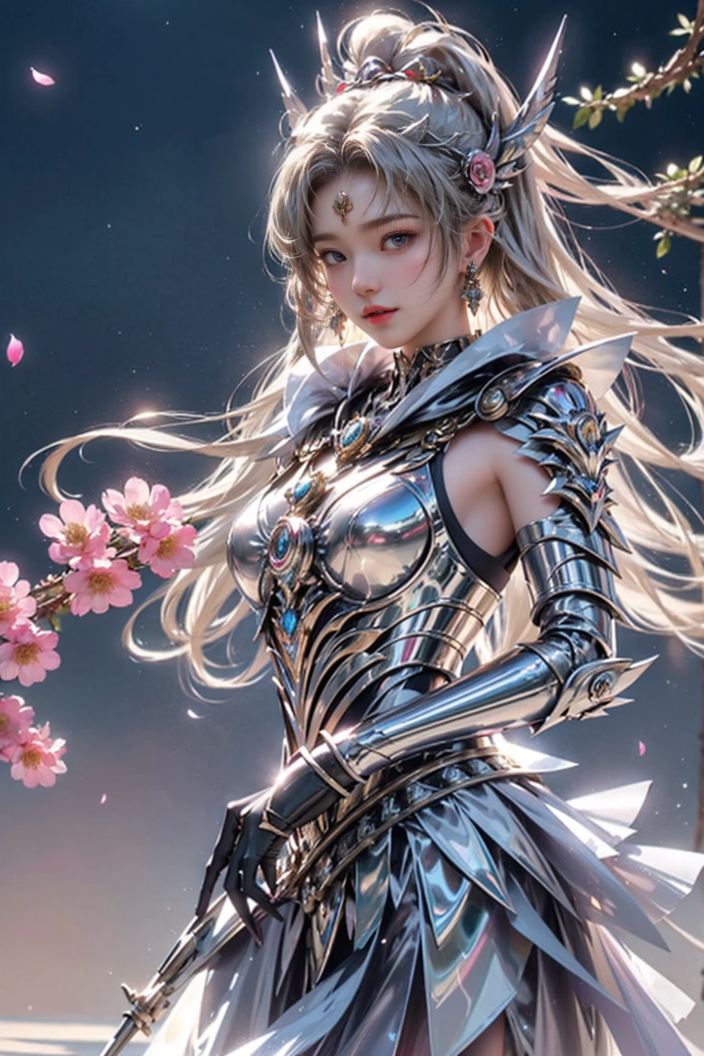 A striking realistic photo of a beautiful Japanese warrior woman in vibrant silver armor and decorated with fresh flowers. The armor is a mix of metal and organic elements, with flower petals intertwined in the design. She creates a magnificent swirling sphere by hand, swirling with her magical abilities. Night scene, fantastical, mystical, forest, river, nature, majestic, a perfect balance of light and shadow. High quality, high resolution, 32k.