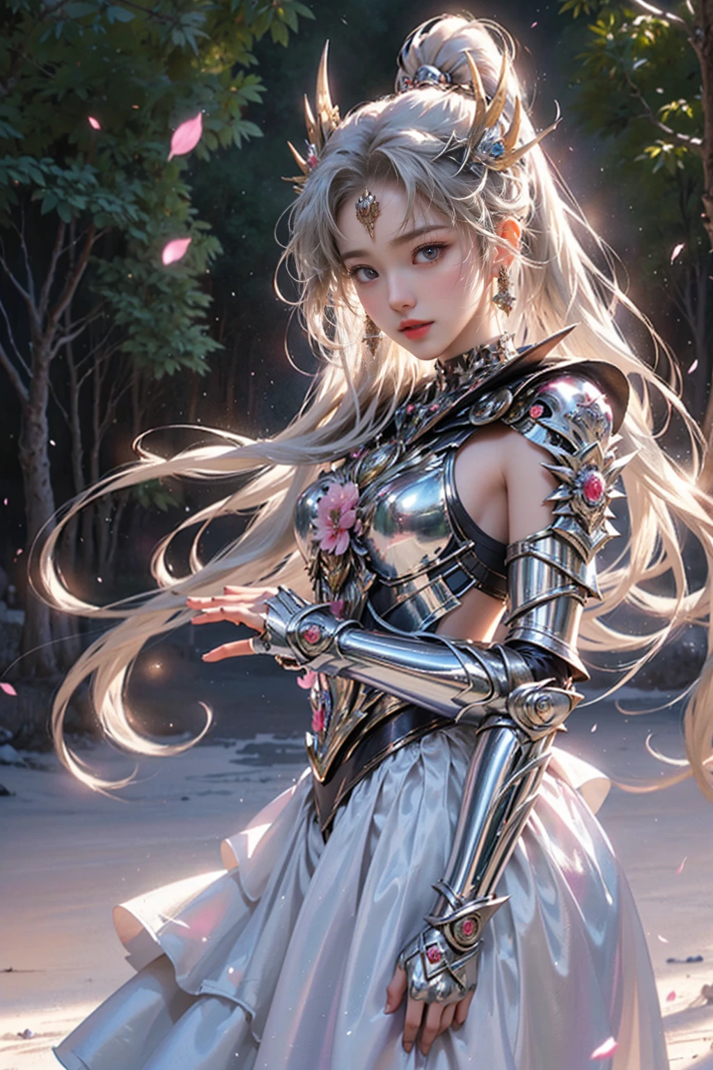 A striking realistic photo of a beautiful Japanese warrior woman in vibrant silver armor and decorated with fresh flowers. The armor is a mix of metal and organic elements, with flower petals intertwined in the design. She creates a magnificent swirling sphere by hand, swirling with her magical abilities. Night scene, fantastical, mystical, forest, river, nature, majestic, a perfect balance of light and shadow. High quality, high resolution, 32k.