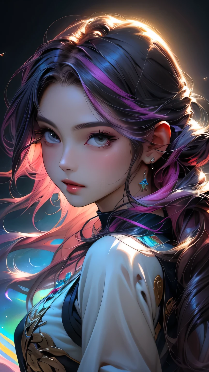 Close-up of a woman with colorful hair and necklace, Anime girl with space-like hair, The gentle vitality of rose roses, Gubes-style artwork, Fantasy art style, colorful], Vivid fantasy style, Ross draws vibrant cartoons, cosmic and colorful, Gwaiz, colorful digital fantasy art, Great art style, Beautiful anime style, Full body lighting, Skin Brightness, Sexy look, (Dynamic pose)､ masterpiece, 最high quality, high quality, High resolution､((Upper body portrait))､Upper body portrait､