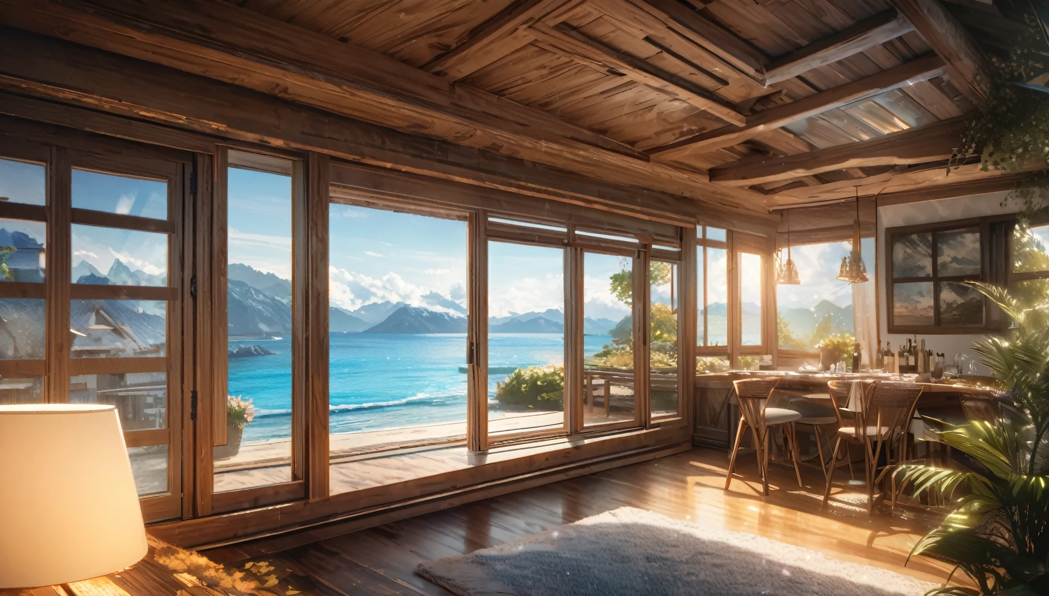 Holiday Homes, Big windows and beautiful views,Wooden lodge,Inside the room,Blur the background,Pleasant sea breeze,Glitter effect,Highest quality, 8K, High resolution, masterpiece:1.2, Very detailed, Realistic:1.37, High resolution, 超High resolution, Ultra-fine painting, Very detailed, Professional, Vibrant colors