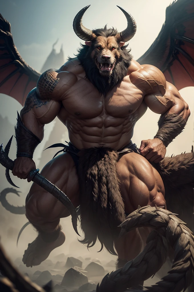 A being with a muscular body, strong, hairy arms, legs like a dog, but bigger and stronger, with the head of a reptile, with 3 pairs of horns, 2 wings, 2 tails with spikes, and sharp teeth 