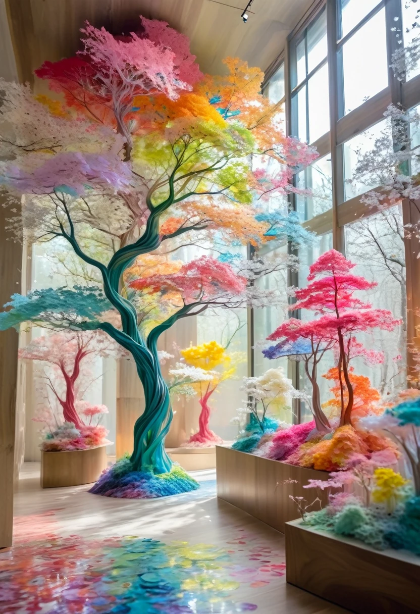 the colorful paper sculpture is inside of an indoor gallery, in the style of ethereal trees, speedpainting, sou fujimoto, uhd image, blurry details