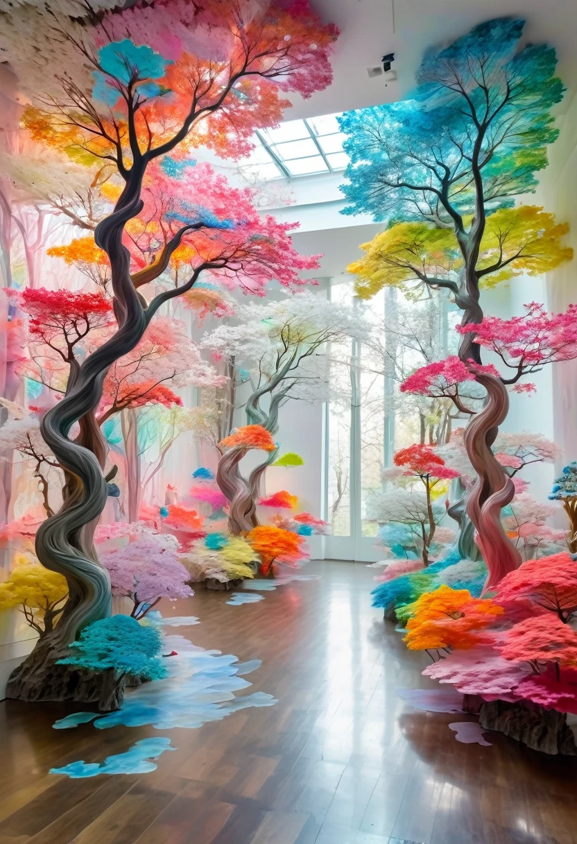 the colorful paper sculpture is inside of an indoor gallery, in the style of ethereal trees, speedpainting, sou fujimoto, uhd image, blurry details