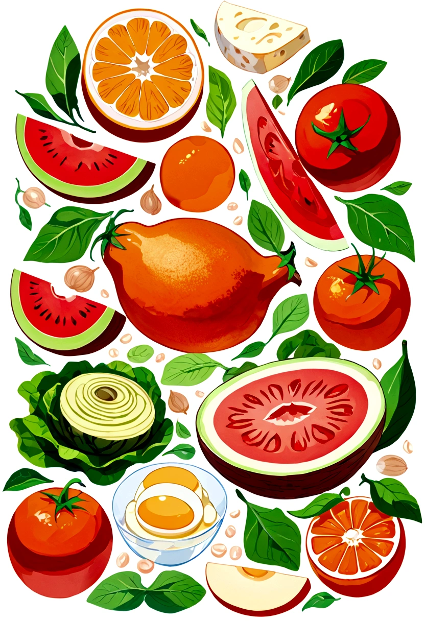 Healthy food illustration. gouache watercolor style, vibrant color, there are various fresh food in composition, juice, infused water, milk, orang juice, tomato juice, a toasted egg, oath, wheat, triangle cheese, melon, apples, avocadoes, orange, onion, potatoes, bread, glass of mineral water, fresh meat, chicken meat, melon, watermelon, paprika, orange, lettuce and many other, vibrant color, against brilliant white background, isolated in white, Ghibli-like colours, multiple views, rotated, negative space, ((masterpiece)), ((best quality))