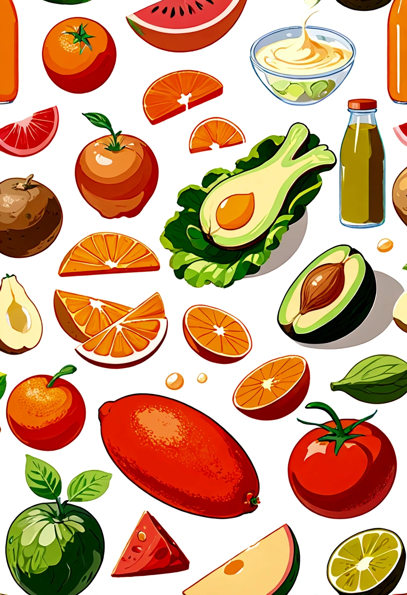 Healthy food illustration. gouache watercolor style, vibrant color, there are various fresh food in composition, juice, infused water, milk, orang juice, tomato juice, a toasted egg, oath, wheat, triangle cheese, melon, apples, avocadoes, orange, onion, potatoes, bread, glass of mineral water, fresh meat, chicken meat, melon, watermelon, paprika, orange, lettuce and many other, vibrant color, against brilliant white background, isolated in white, Ghibli-like colours, multiple views, rotated, negative space, ((masterpiece)), ((best quality))