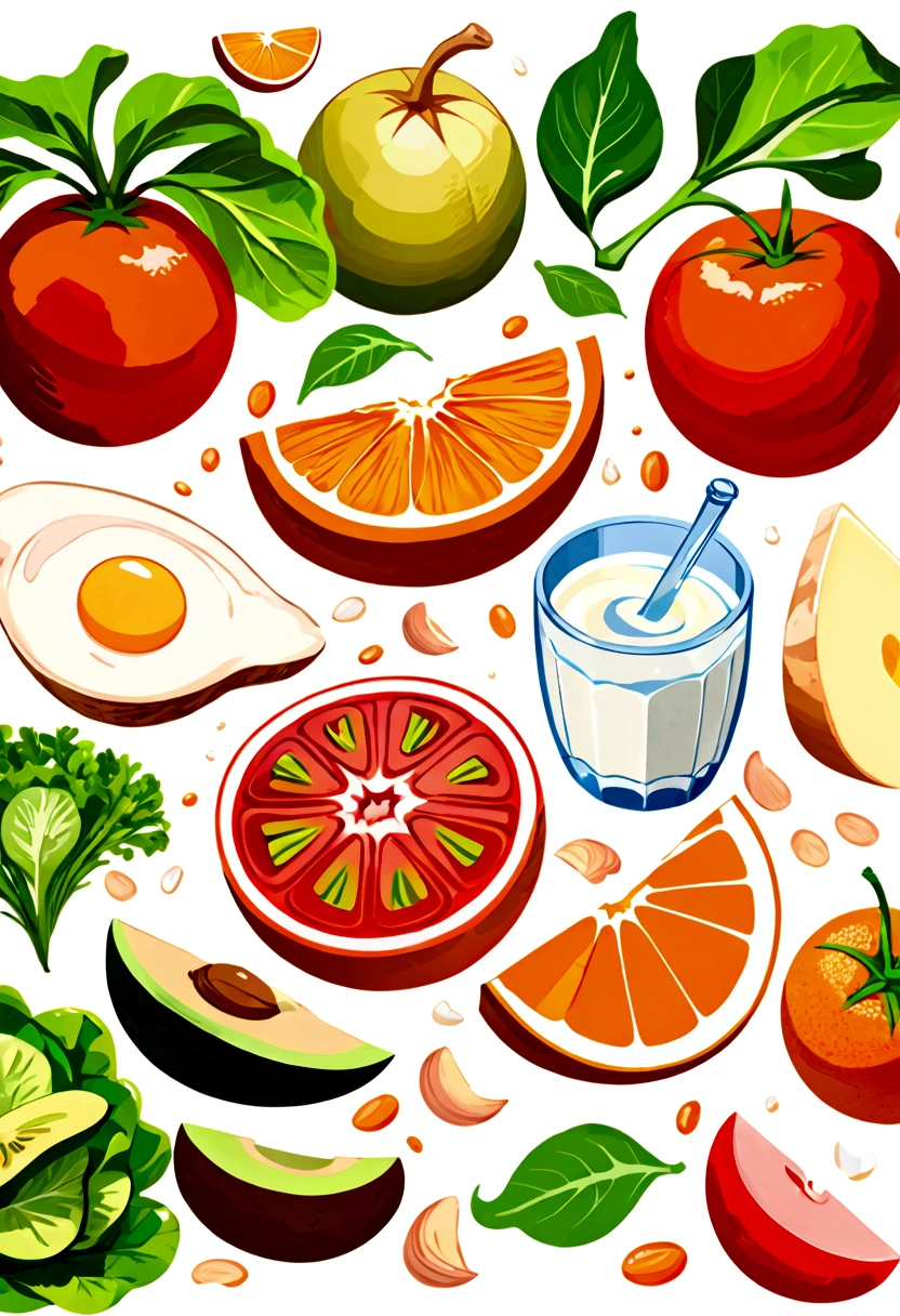 Healthy food illustration. gouache watercolor style, vibrant color, there are various fresh food in composition, juice, infused water, milk, orang juice, tomato juice, a toasted egg, oath, wheat, triangle cheese, melon, apples, avocadoes, orange, onion, potatoes, bread, glass of mineral water, fresh meat, chicken meat, melon, watermelon, paprika, orange, lettuce and many other, vibrant color, against brilliant white background, isolated in white, Ghibli-like colours, multiple views, rotated, negative space, ((masterpiece)), ((best quality))