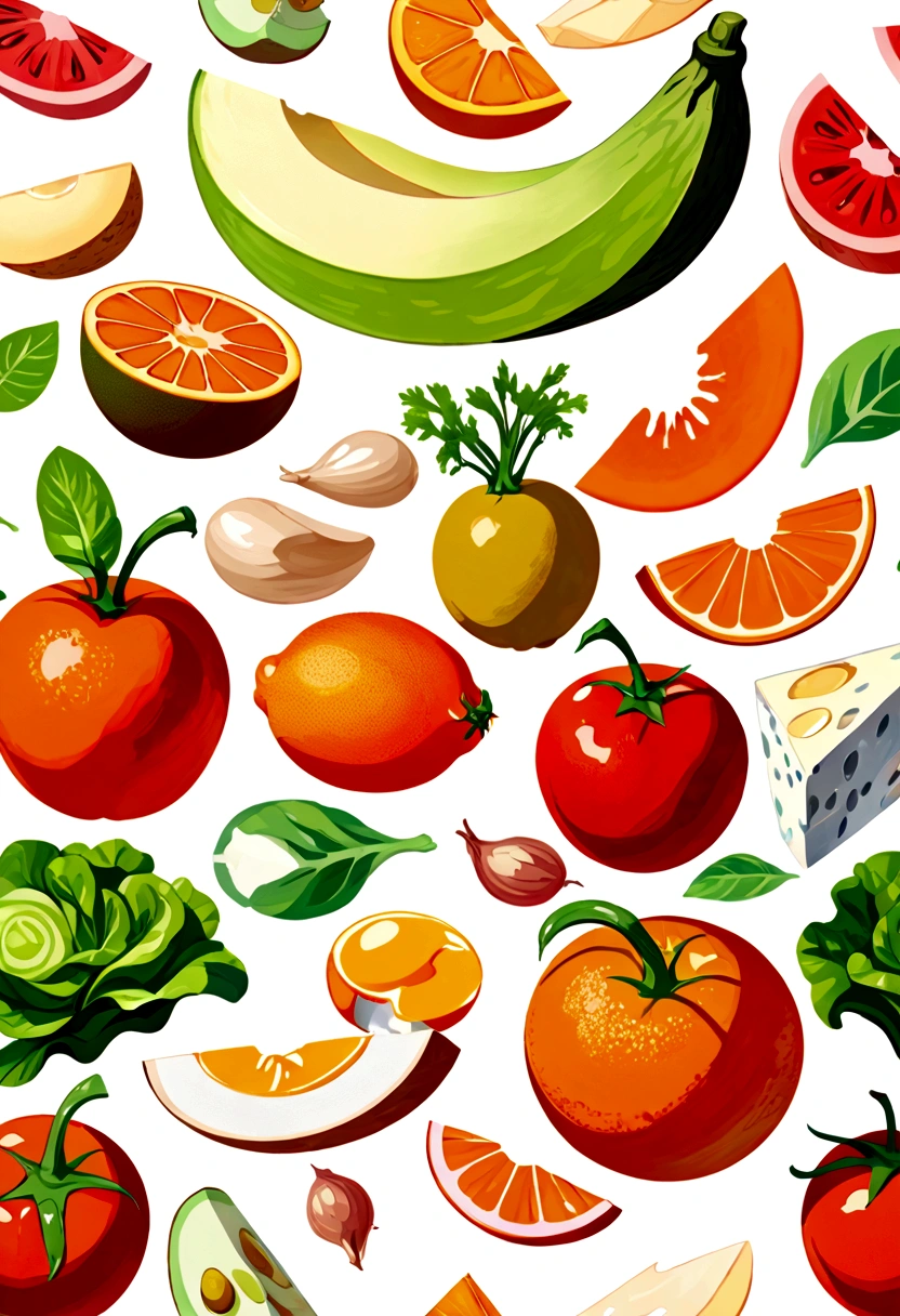 Healthy food illustration. gouache watercolor style, vibrant color, there are various fresh food in composition, juice, infused water, milk, orang juice, tomato juice, a toasted egg, oath, wheat, triangle cheese, melon, apples, avocadoes, orange, onion, potatoes, bread, glass of mineral water, fresh meat, chicken meat, melon, watermelon, paprika, orange, lettuce and many other, vibrant color, against brilliant white background, isolated in white, Ghibli-like colours, multiple views, rotated, negative space, ((masterpiece)), ((best quality))