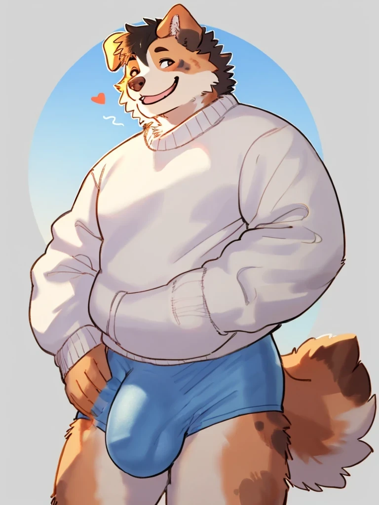 By bebebebebe, by lostgoose, by goonie-san, solo, male, standing, white knit sweater with heart on it, oversized sweater, blue briefs, (hair, snout), australian shepherd, smiling, happy, happy tail, huge bulge