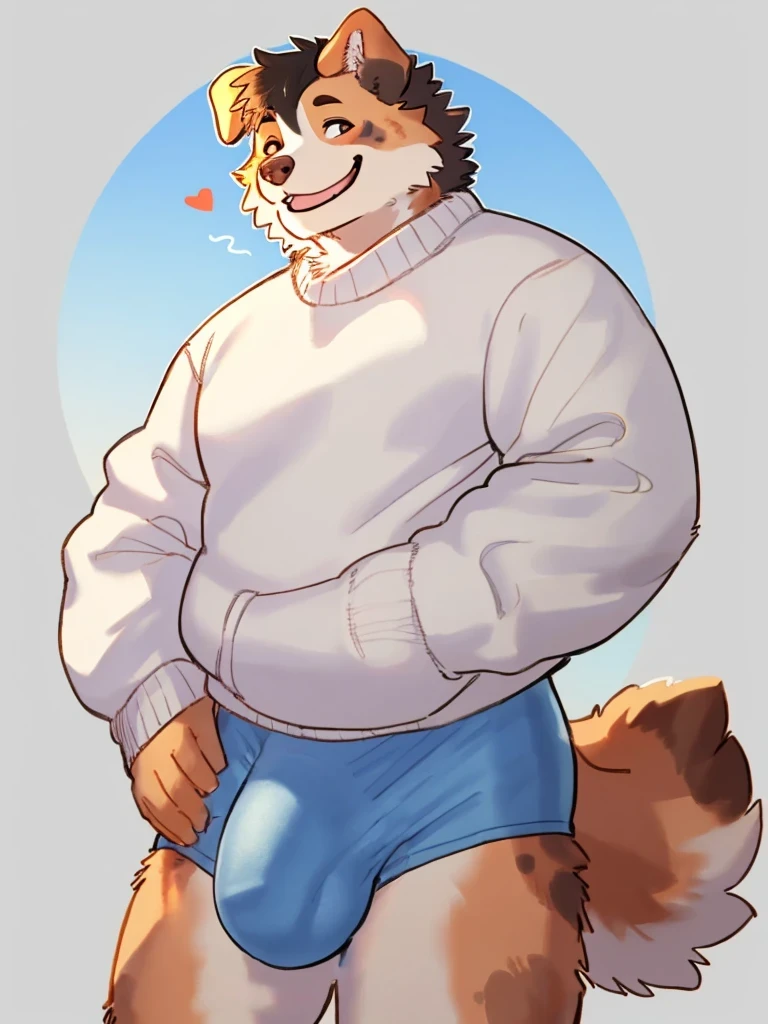 By bebebebebe, by lostgoose, by goonie-san, solo, male, standing, white knit sweater with heart on it, oversized sweater, blue briefs, (hair, snout), australian shepherd, smiling, happy, happy tail, huge bulge