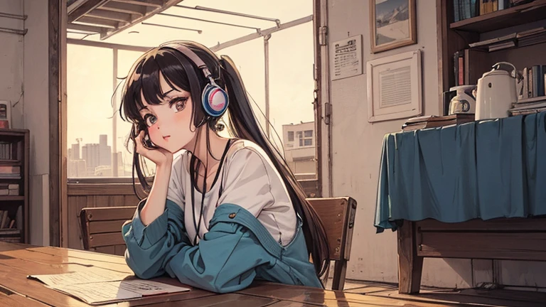 1 Girl, 80s anime style, I have headphones on, Retro, Lo-Fi, Wood Deck