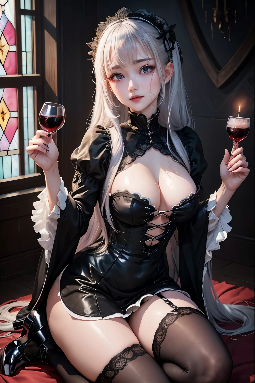 Hard Dark Gothic Makeup、Black dark eyeshadow、sad、Good skin radiance、Dark Gothicメイク、Dark smile、palace、The beauty of fragrance、24-years-old、Expression of intense sexual pleasure、Embarrassed look、Dark Gothic、Highest quality、Expression of sexual pleasure amid suffering、Drunk face、紫のMaid clothes、Mysterious、Noble、The face of someone holding it in the toilet、sexy、Loving smile、Twin tail hair、Right blue eye, Left eye is red、Super tempting pose、Platform Heel Shoes、Heavy makeup、Gothic ta clothes、Silver Hair、Long Hair Straight Hair、Cute Gothic Loliress、Beautiful Face、elegant features、Attractive face、Stained glass is the background、Chest glistening with sweat、The room is dark、goth long dress、Bell Sleeves、Wizard Sleeve、Decadent look、Sexually excited expression、Glossy thighs wet with water、Thighs that are wet and shiny with oil、Background of a room full of roses、sad expression、Rose Maiden、The embroidery is pink、The dress has pink embroidery.、Thigh-high socks、Knee-high socks、Gentle expression、Dark black eyeshadow、Stained glass and rose background、thighs are a little thin、Female Duo、Female couple、dark church background、Stained glass、Black metal world、Dark Castle、Dark Room、Slender body、gothic long dress、Victorian dress、Small breasts、Hold the wine in your right hand、Hold the lantern in your left hand、pantyhose、The bed is covered with roses、Lying in bed、Her thighs are shining with sweat、My body is wet and shiny、Lots of glitter on the thighs、sweating、My thighs are sticky from sweating、Sweat glistening on my thighs, The whole body is sweaty and shiny、I sweated a lot.、My thighs are sweaty、My thighs are wet、My thighs are shining with sweat、A lot of sweat glistening all over the body、Slender body、Sleep and lie down、Sleeping on a bed、Beautiful legs、Stretch your legs、
