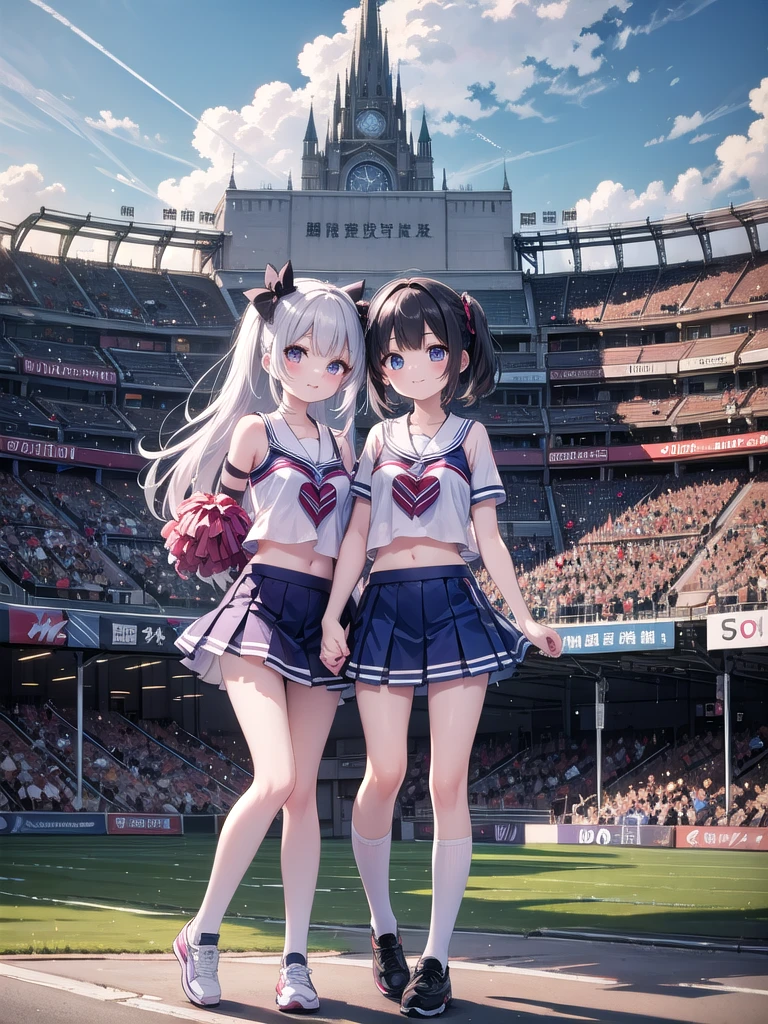 RAW Photos, Highest quality, High resolution, Very detailed、 8K image quality、Cheerleader trio、skirt、13 years old、Stadium、Put your arm around someone's shoulder