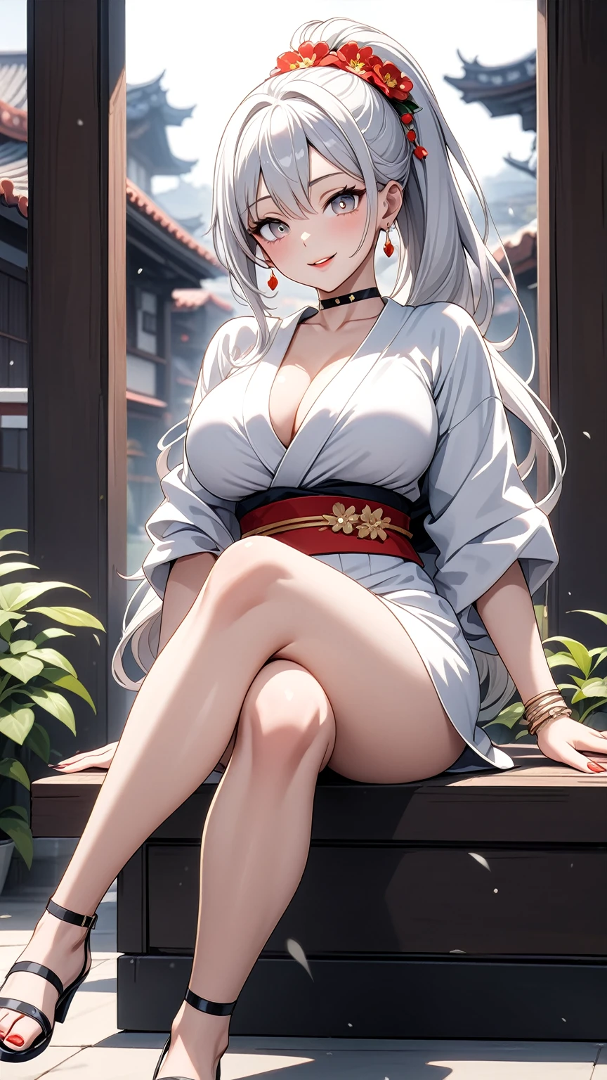 ((One personの女性)), Beautiful Face, full body, (Laughing embarrassedly), (laugh:1.2),((Wink:1.7)), (head tilt:1.3), Laugh with your mouth wide open, upper teeth, looking down at viewer,((panty shot)), ((Bright red cheeks:1.4)),Glossy Red Lips,rooftop, firework, Glossy red lips, Shining Face, ((Anime style background)),masterpiece, Highest quality, so beautiful,up to date, Complex details, (Pink long nails),(ring),(bracelet),(Floral choker),AI-generated, Complex,High resolution, Highest quality, super high quality,3D Images、3D Images,One person,Long white hair,High Ponytail, Anime woman posing for a photo,(blue eyes), ((Fine grain、Silvery white, lightly pigmented eyes、Shining Eyes:1.4)), (Squint your eyes:1.1), a hyperRealistic , hyperRealistic , Realistic,Anime woman with long white hair, Smooth anime CG art, A woman in a colorful kimono with gold embroidery, (Black long sleeve kimono),Red floral pattern,(black high heel sandals), Long flower hair ornament,Earrings,Mature Body,(Big Breasts:1.1),Tall,Abdominal muscles,Tight waist,(face focus), ((crossed legs:1.1)), (from side),