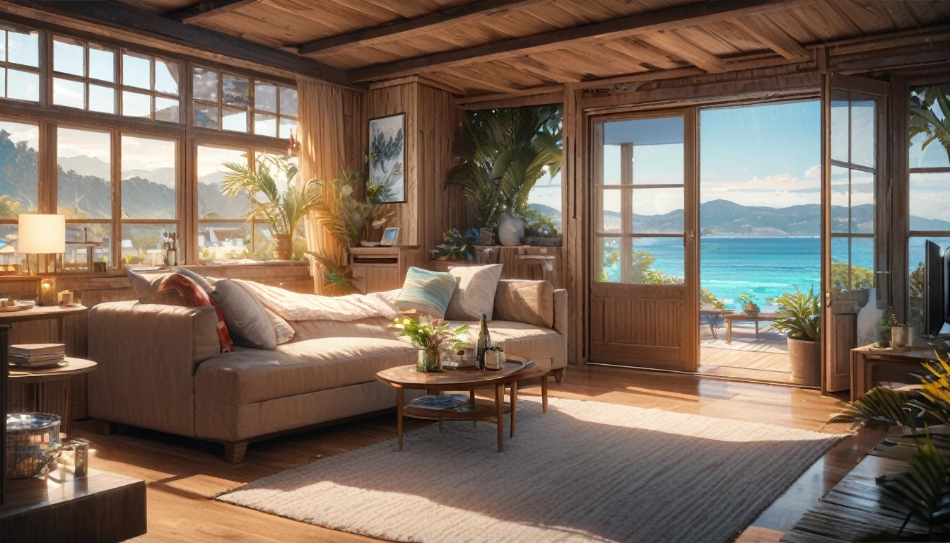 Holiday Homes, Big windows and beautiful views,Wooden lodge,Inside the room,Blur the background,Pleasant sea breeze,Glitter effect,Highest quality, 8K, High resolution, masterpiece:1.2, Very detailed, Realistic:1.37, High resolution, 超High resolution, Ultra-fine painting, Very detailed, Professional, Vibrant colors