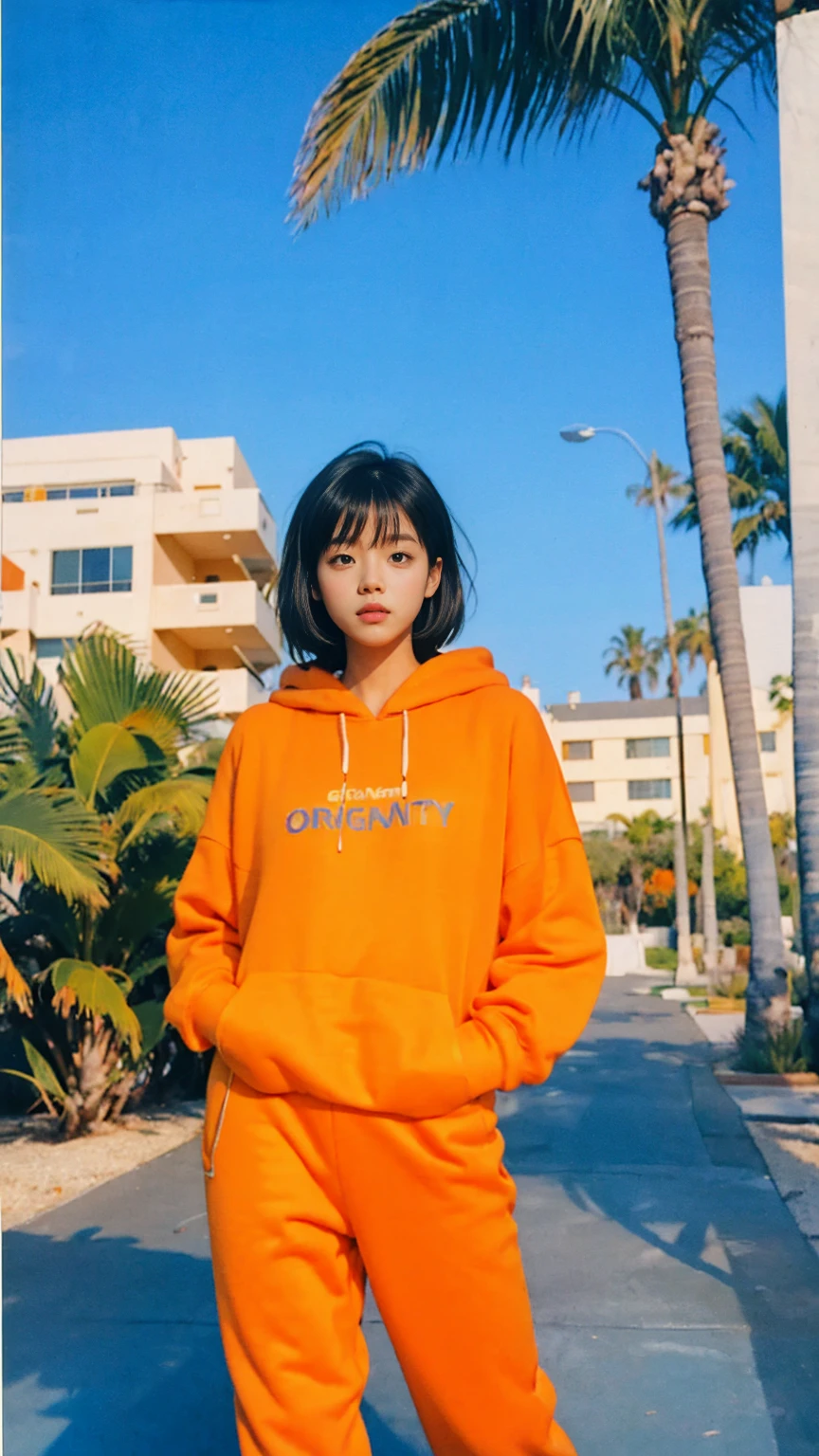 Best Quality,Masterpiece,Ultra High Resolution,(Realisticity:1.4),Original Photo, 18-year-old,Korean women,(((Facing forward))),(Very fine eye), (((Wearing a orange color hoodie,Wearing baggy pants))), light leak,dark intens shadow,ultra high resolution,UHD,beautiful, ((black bob hair)), almond eye, no makeup, in front of 80's architecture mondrian colorful motel, (realistic:1.2), (surreal:1.3), (very detailed:1.1), ((masterpiece)),summer, blue sky, (palm trees),sunny, los angles vibes,thick outline. blurry photo. color slide film. 1958