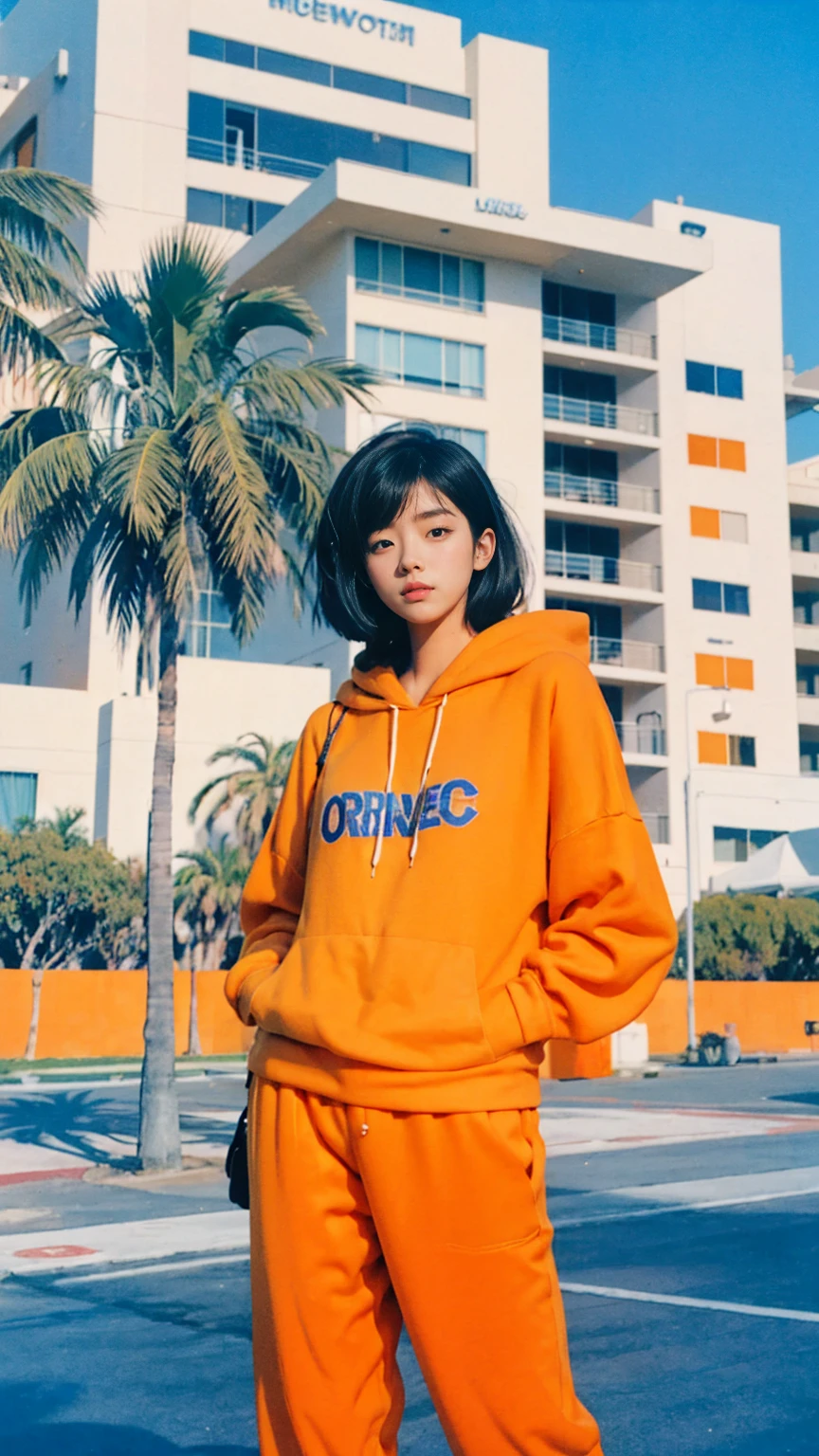 Best Quality,Masterpiece,Ultra High Resolution,(Realisticity:1.4),Original Photo, 18-year-old,Korean women,(((Facing forward))),(Very fine eye), (((Wearing a orange color hoodie,Wearing baggy pants))), light leak,dark intens shadow,ultra high resolution,UHD,beautiful, ((black bob hair)), almond eye, no makeup, in front of 80's architecture mondrian colorful motel, (realistic:1.2), (surreal:1.3), (very detailed:1.1), ((masterpiece)),summer, blue sky, (palm trees),sunny, los angles vibes,thick outline. blurry photo. color slide film. 1958