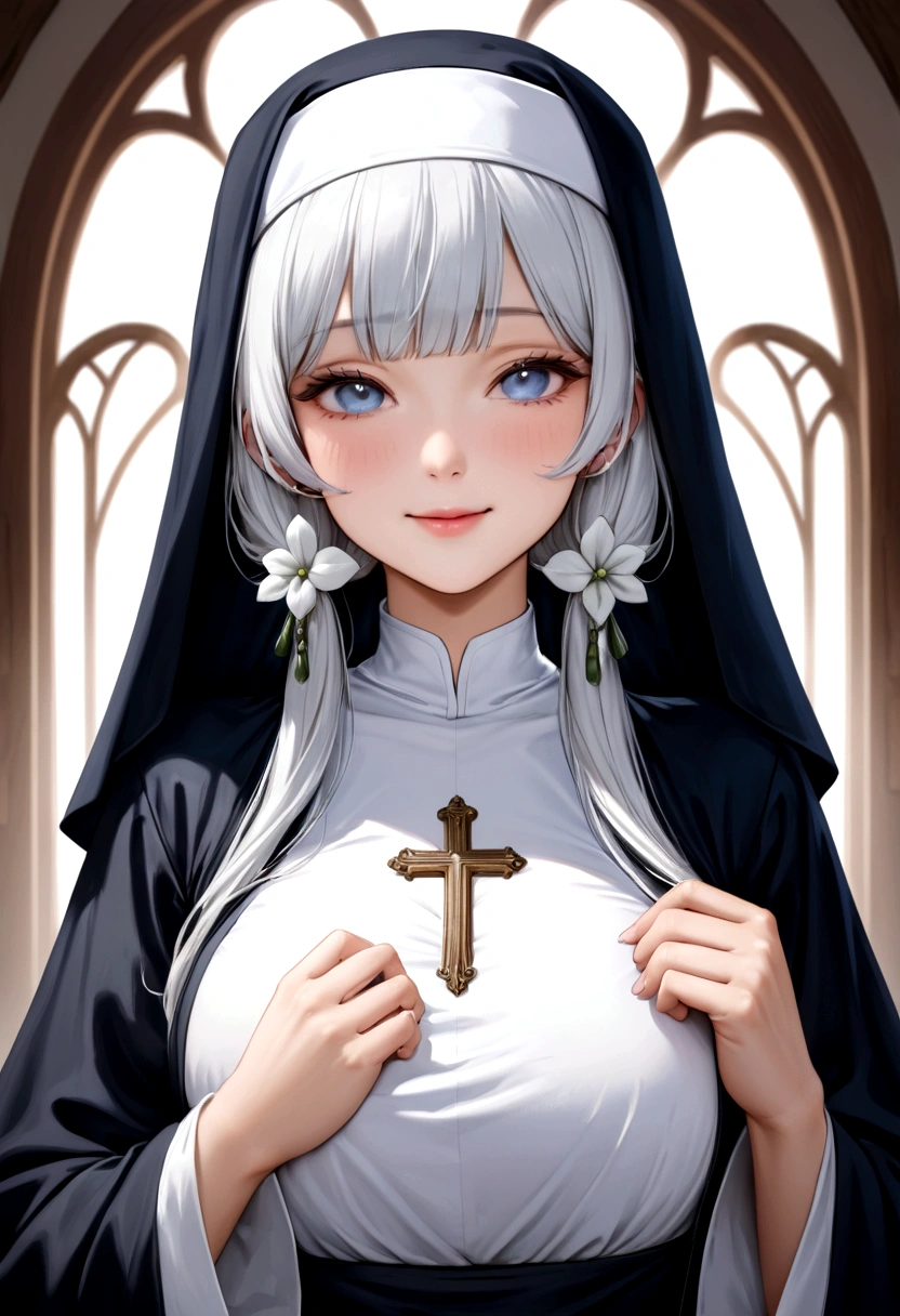 high quality、masterpiece、A girl dressed in a nun's habit.、Her hair is blue、Gray Eyes、pretty girl、smile
