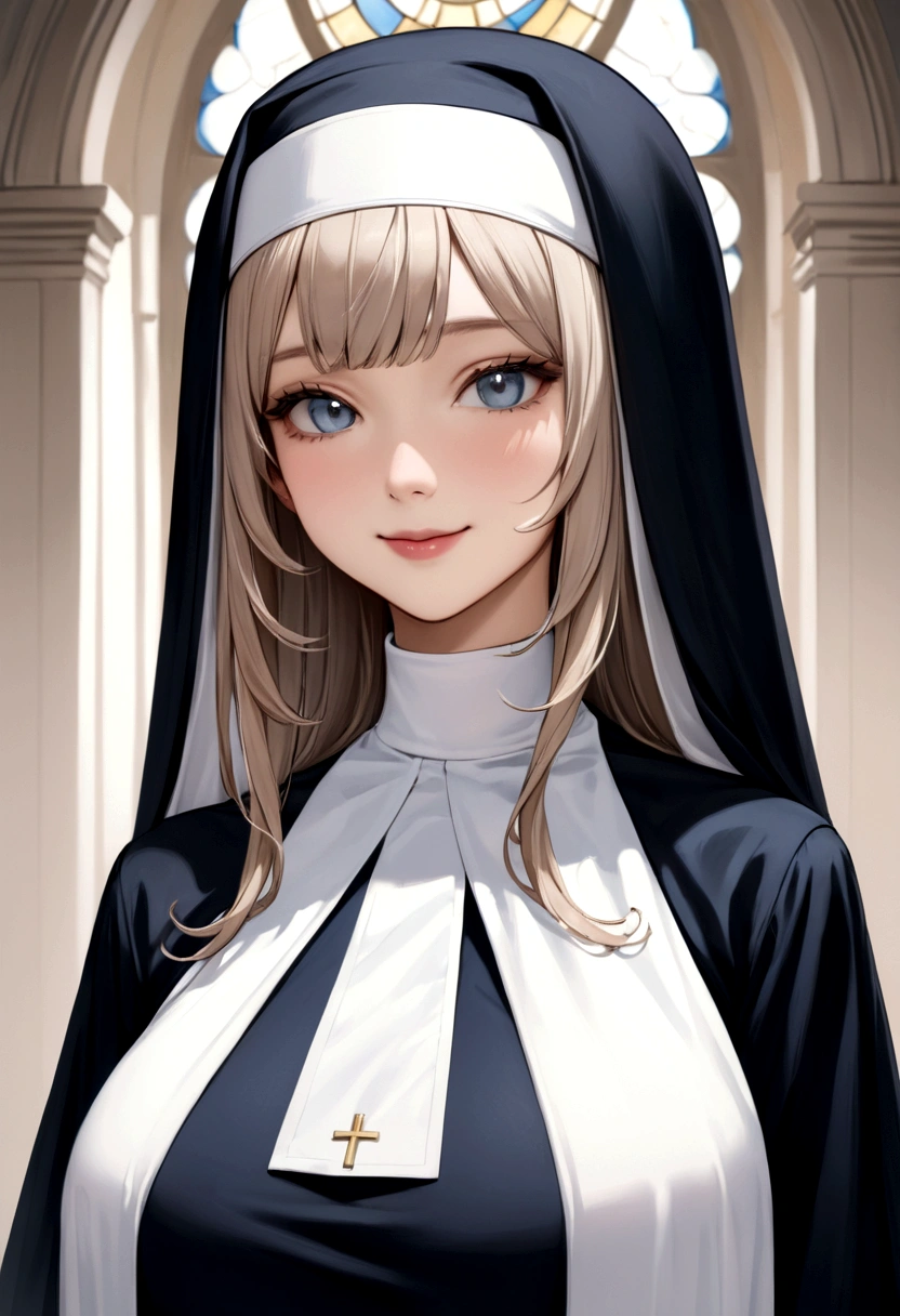high quality、masterpiece、A girl dressed in a nun's habit.、Her hair is blue、Gray Eyes、pretty girl、smile