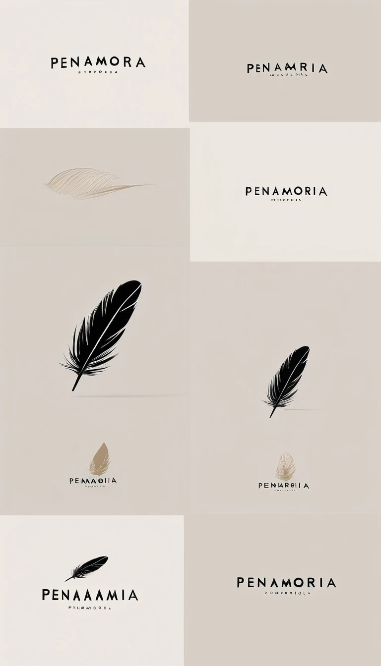 A minimal, modern, simple, cinematic logo design for the brand “Penamemoria". Create a modern, minimalistic, high-quality, logo of a bird feather