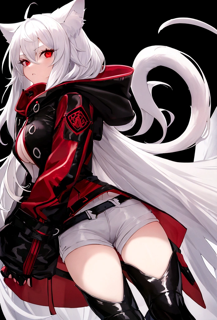Girl with long white hair,red eyes, wear short shorts and tights, has a coat with a hood made of cat ears, nice body, big boobies.