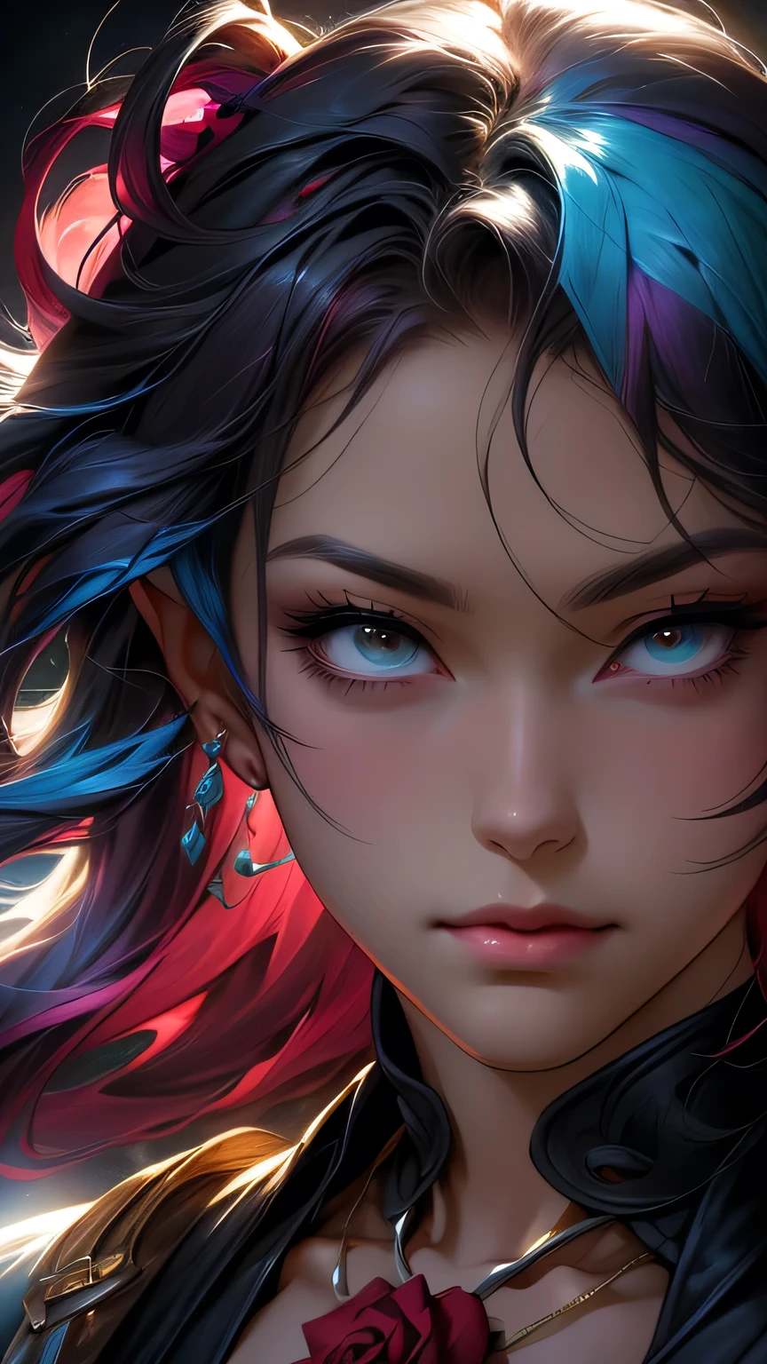 Close-up of a woman with colorful hair and necklace, Anime girl with space-like hair, The gentle vitality of rose roses, Gubes-style artwork, Fantasy art style, colorful], Vivid fantasy style, Ross draws vibrant cartoons, cosmic and colorful, Gwaiz, colorful digital fantasy art, Great art style, Beautiful anime style, Full body lighting, Skin Brightness, Sexy look, (Dynamic pose)､ masterpiece, 最high quality, high quality, High resolution､((Face close-up))､