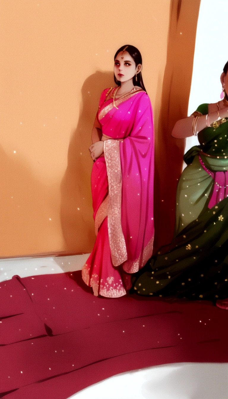 A woman in pink saree with long hair.