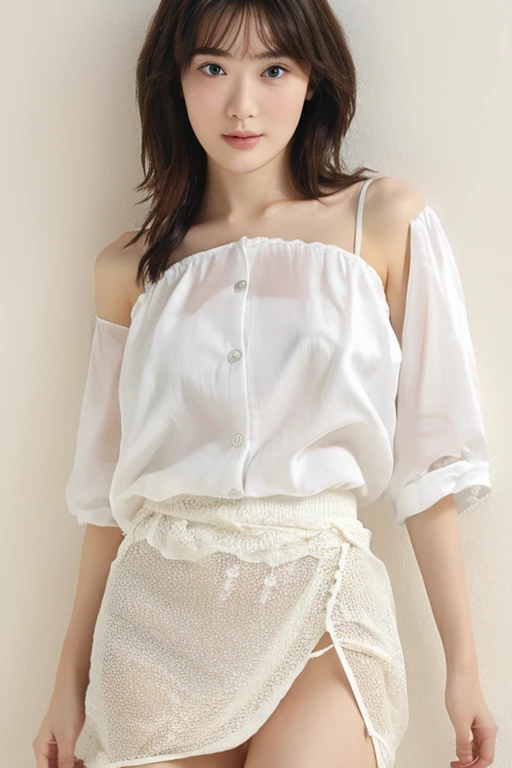 Highest quality、masterpiece、High sensitivity、High resolution、Detailed Description、Slender women、Slim Body、Being pushed onto the bed、The skirt is turned up.、I can see your panties、