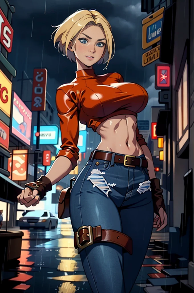 maryms, Best Quality,(beauty), 1girl,phisically-based render ,ultra highres,(cowboy shot:1.5),narrow waist, skinny, LeonaMS , big blue eyes,long legs,jeans,leather belt,big breasts,puffy eyes, leather belt,(rainy city), shiny skin, facing viewer, excited to fight