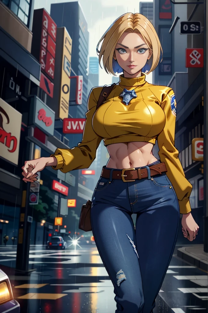 maryms, Best Quality,(beauty), 1girl,phisically-based render ,ultra highres,(cowboy shot:1.5),narrow waist, skinny, LeonaMS , big blue eyes,long legs,jeans,leather belt,big breasts,puffy eyes, leather belt,(rainy city), shiny skin, facing viewer, excited to fight