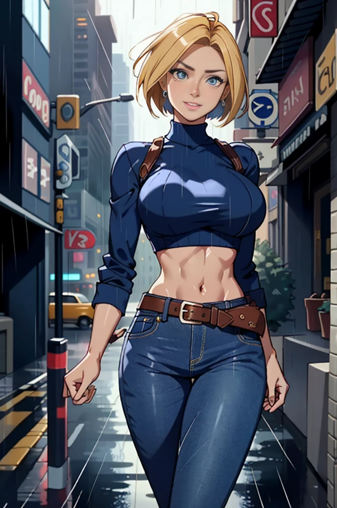 maryms, Best Quality,(beauty), 1girl,phisically-based render ,ultra highres,(cowboy shot:1.5),narrow waist, skinny, LeonaMS , big blue eyes,long legs,jeans,leather belt,big breasts,puffy eyes, leather belt,(rainy city), shiny skin, facing viewer, excited to fight