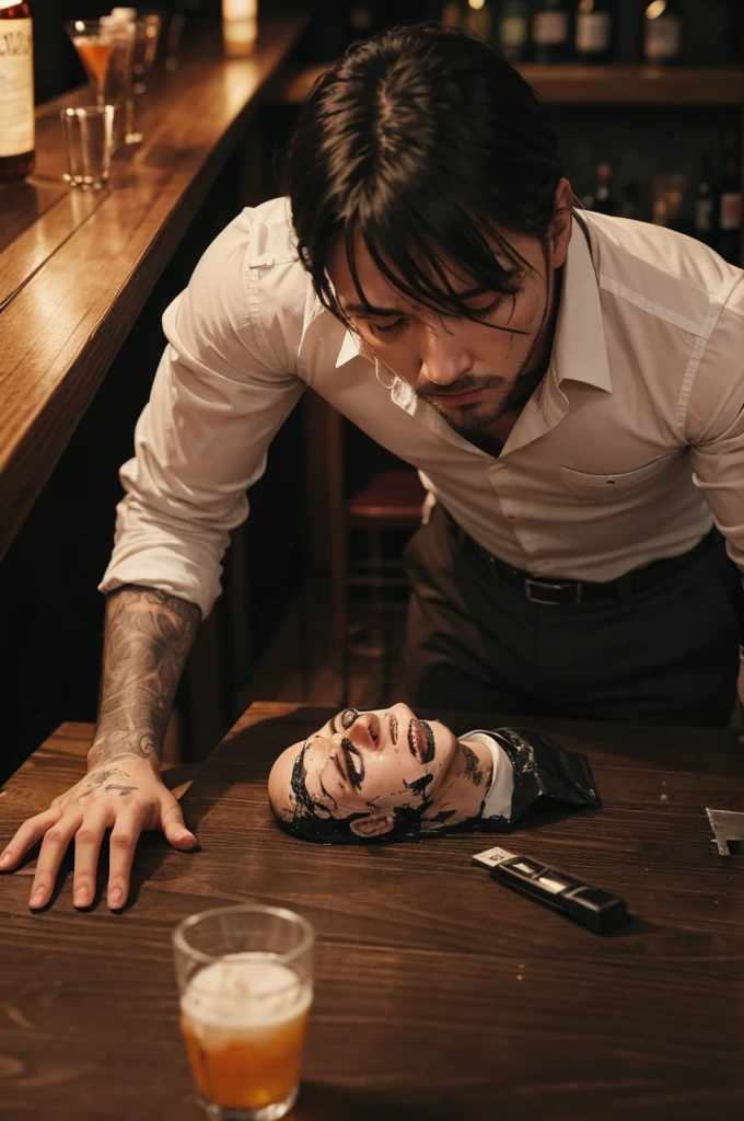 Create a crime scene of a dead man in a bar