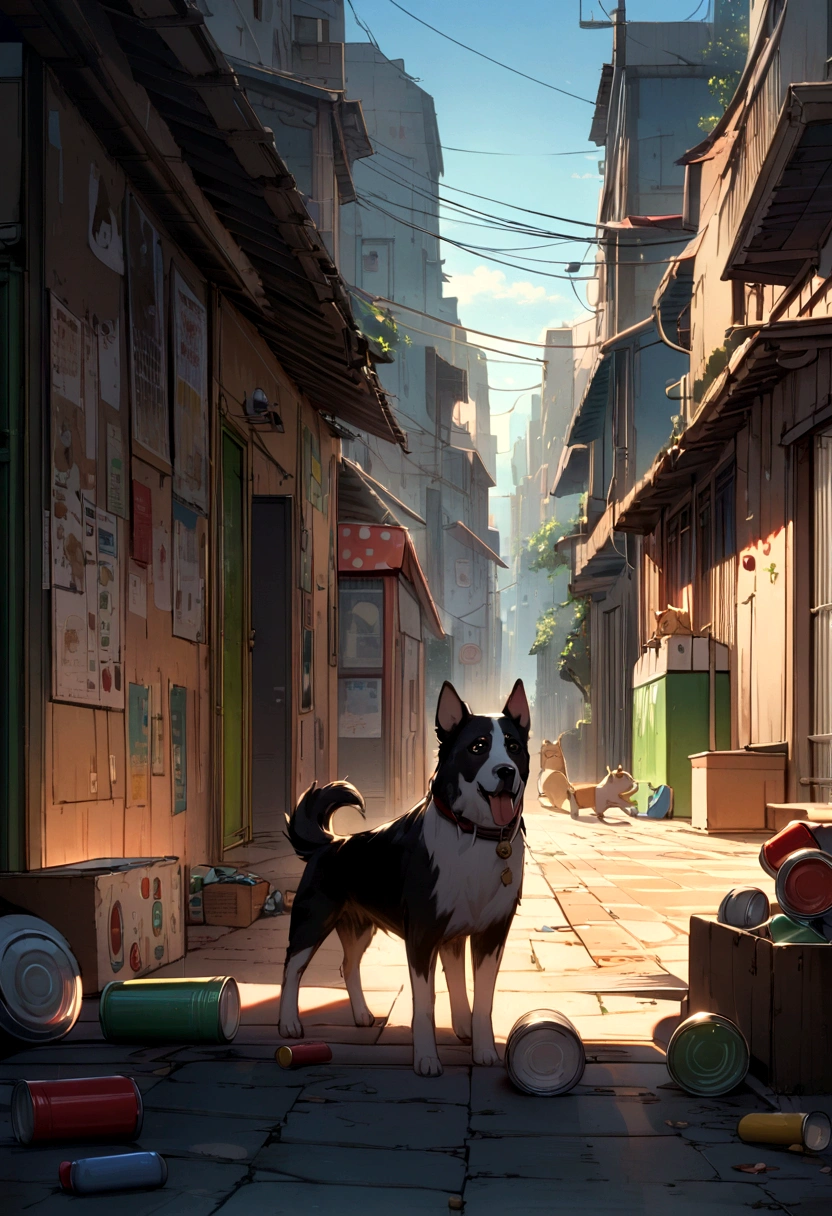 Environmental issues,SDGs, Super Long Shot,Dog, cat and play,Innovative and surreal art, A large number of cans scattered on the street,