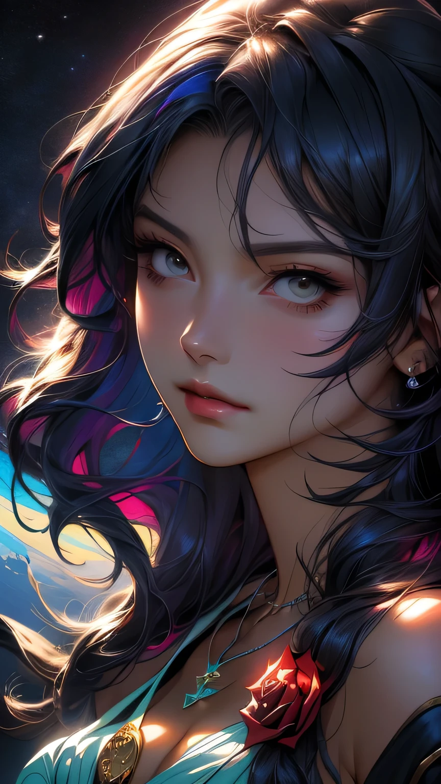 Close-up of a woman with colorful hair and necklace, Anime girl with space-like hair, The gentle vitality of rose roses, Gubes-style artwork, Fantasy art style, colorful], Vivid fantasy style, Ross draws vibrant cartoons, cosmic and colorful, Gwaiz, colorful digital fantasy art, Great art style, Beautiful anime style, Full body lighting, Skin Brightness, Sexy look, (Dynamic pose)､ masterpiece, 最high quality, high quality, High resolution､((Face close-up))､