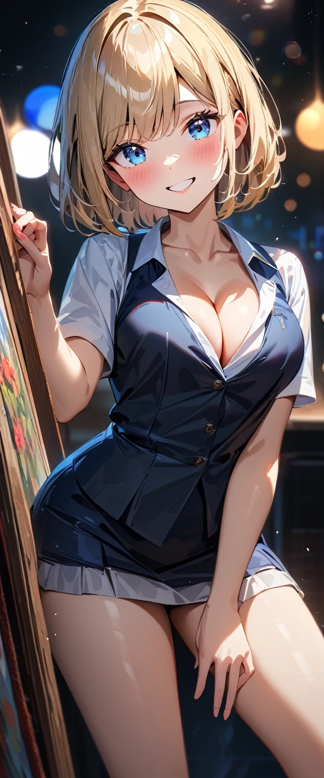 (((One girl))), blond hair, bob cut, (cowboy shot), (looking at viewer), face in focus, breasts, ager, head tilt:1.3, (((blue eye))), ((happy smile)), ((blush)), contrapposto, school summer uniform, white shirts, skirt, black waistcoat, ((cleavage)), anime style, (best quality, 4k, 8k, highres, masterpiece:1.2, ultra-detailed, ultra-detailed eyes, HDR, UHD, studio lighting, ultra-fine painting, sharp focus, physically-based rendering, extreme detail description, professional, vivid colors, bokeh)
