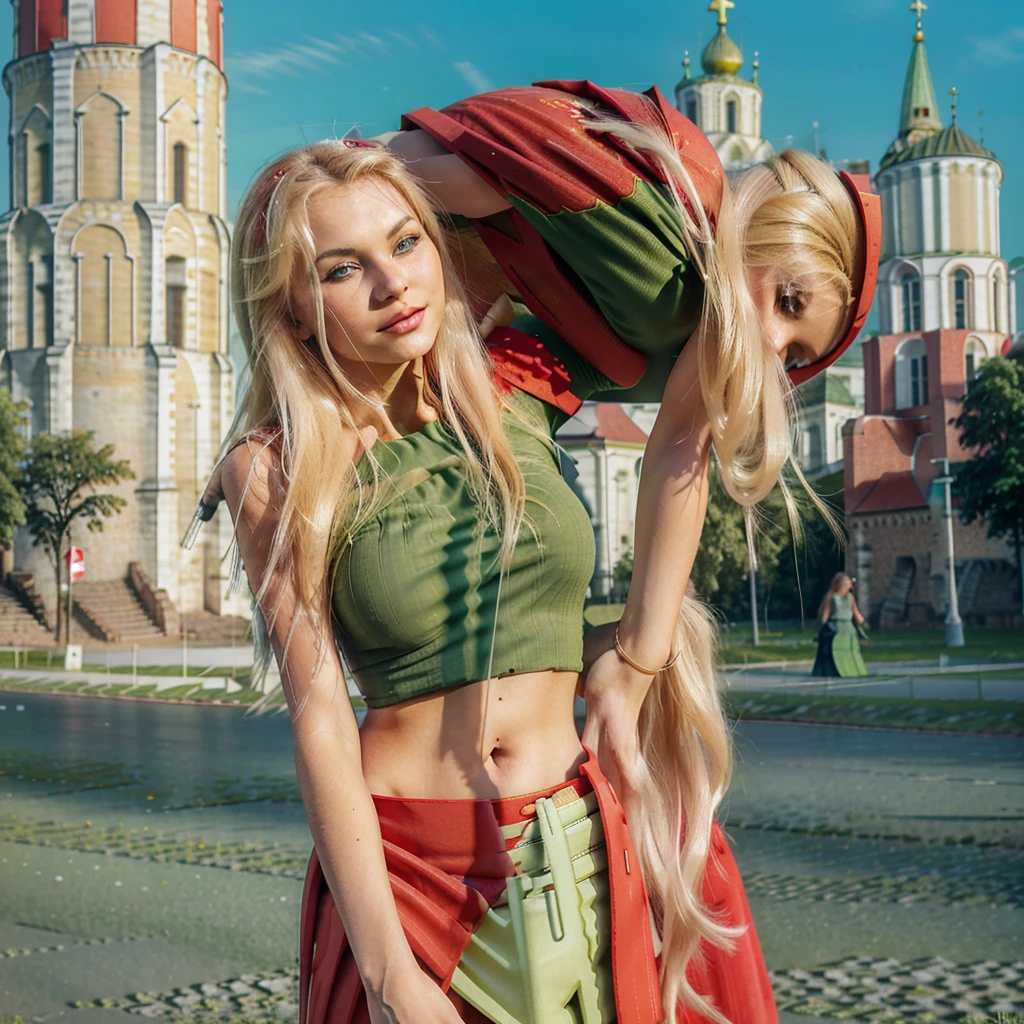 Lituania, pretty women blonde, ((In Vilnius City)), (((the Vilnius cathedrale tower))), (((wear a green top)), (((wear a red skirt)))