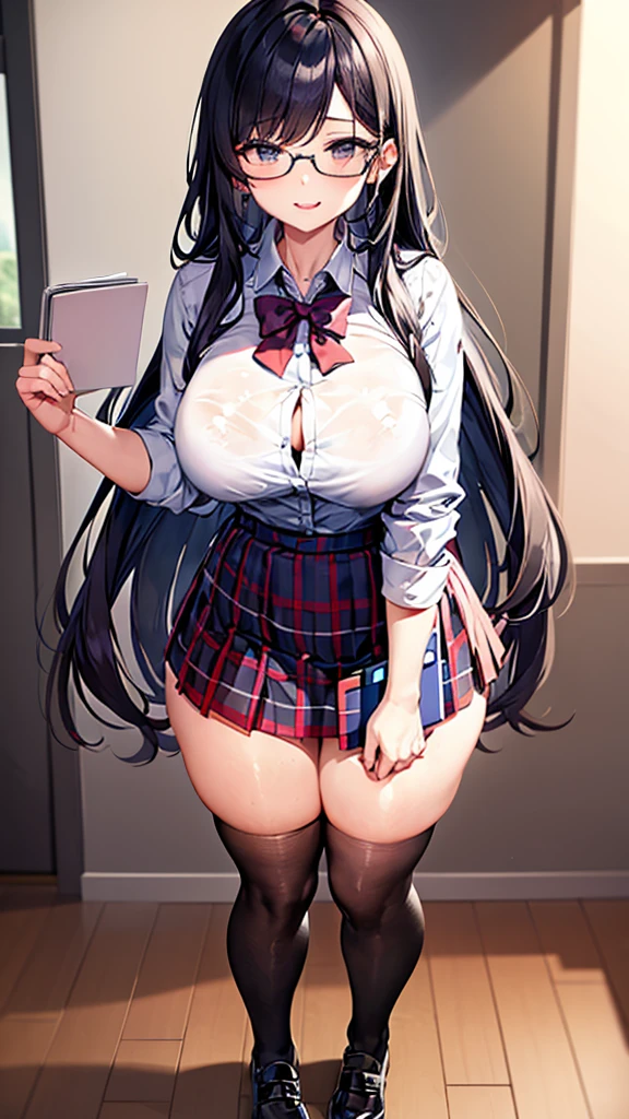 ???? bully student in a high school classroom. She is wearing a short skirt and a tight blouse. She has a mischievous smile and long flowing hair. She is leaning over a nerdy boy with big glasses, who looks scared. She holds up her notebook as she teases him
