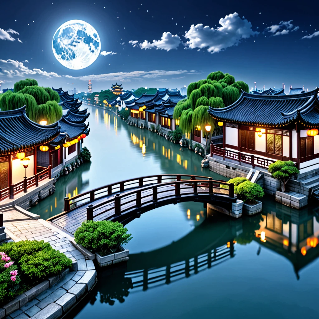 (Masterpiece, Best Quality, Illustration, Fine Detail), ((Very Detailed CG Unity 8k Wallpaper, High Resolution)), High Saturation, Low Brightness, ConceptArt, ((Unmanned)), (Landscape), (Small Bridge Flowing Water), (Jiangnan Water Town), Sky, Night, (Full Moon), Cloud, Outdoor, Architecture, River, Suzhou Garden