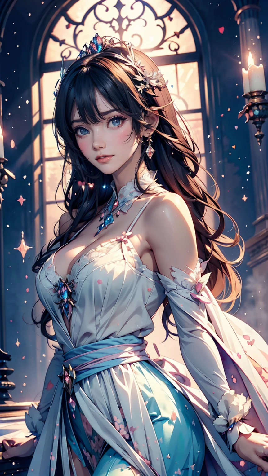 "A powerful woman stands confidently, embodying the essence of the Tarot card 'The Star.' She exudes a cool aura, with her eyes leaving behind a trail of afterglow. The background is filled with stars, symbolizing hope and guidance."