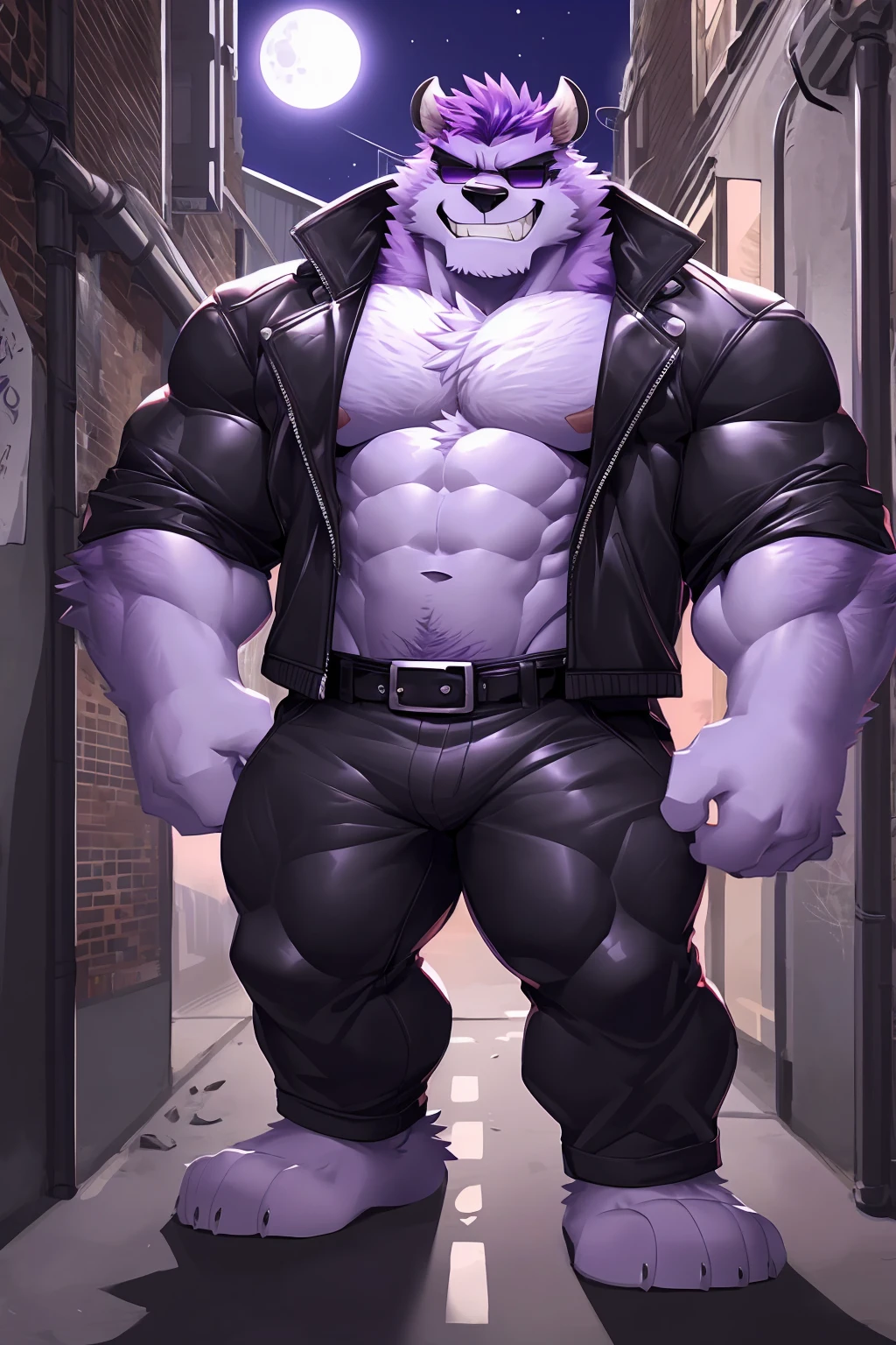 (sfw:1.5), male focus, Gangster, mafia, faction, Handsome 1boy, solitary，protrait photo, (Purple thick eyebrows, Black nose:1.3), (淡紫色的ox角:1.4), (Purple hair,Purple hair:1.2), single, Lilac skin, (Purple chest hair:1.3), (淡紫色的ox尾巴:1.4), (Perfect black eyes:1.4), (Lilac body:1.3),(Pale purple belly, Pale purple chest:1.3), ( Black left hand, Lilac right hand:1.4), 
ox, feet, cattle, cattle boy, cattle body, (evil eyes, evil look, large eyes:1.4), (ox尾巴:1.4), (Chubby, The body is huge, Larger face:1.4), (Bare neck:1.3), 
(Black leather jacket:1.3), (Black leather pants, Black leather boots:1.3), (Wearing a jacket:1.4), (Black leather belt:1.4) ,(Purple sunglasses:1.4), 
(full body:1.3), (Mature men:1.4), (Strong body, Large size, Strong and exaggerated body, Huge size:1.5), (Strong body, muscle,Strong male, muscle男:1.4), (Abdominal muscles:1.4),  belly button, (Thick arms, Strong and strong legs, Strong legs:1.4), (look up, Standing:1.3), (Looking at the audience, Focus, Eyes gaze:1.2), (confidence:1.4), (evil smile, evil grin, Smirk:1.4), 
full background, (street, Alley:1.3), night, moon, Star, City, 
Mysterious and romantic atmosphere, Caustic lines(refraction, polarization)Perfect anatomical structure, absurd, Detailed background, (Delicate eyes:1.3),Printing style。((artist:Takemoto Arashi))