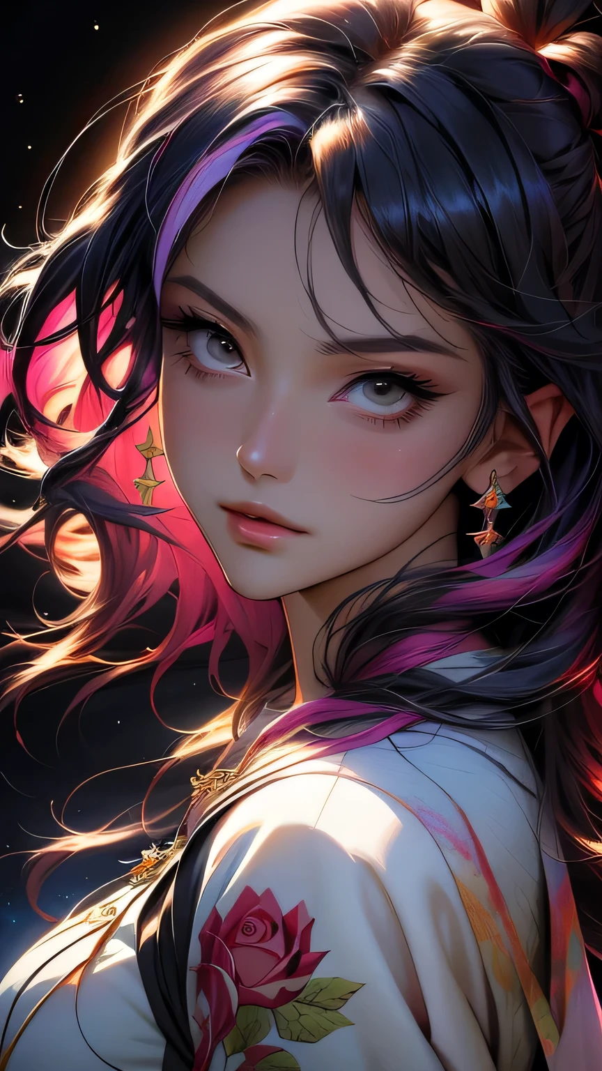Close-up of a woman with colorful hair and necklace, Anime girl with space-like hair, The gentle vitality of rose roses, Gubes-style artwork, Fantasy art style, colorful], Vivid fantasy style, Ross draws vibrant cartoons, cosmic and colorful, Gwaiz, colorful digital fantasy art, Great art style, Beautiful anime style, Full body lighting, Skin Brightness, Sexy look, (Dynamic pose)､ masterpiece, 最high quality, high quality, High resolution､((Face close-up))､