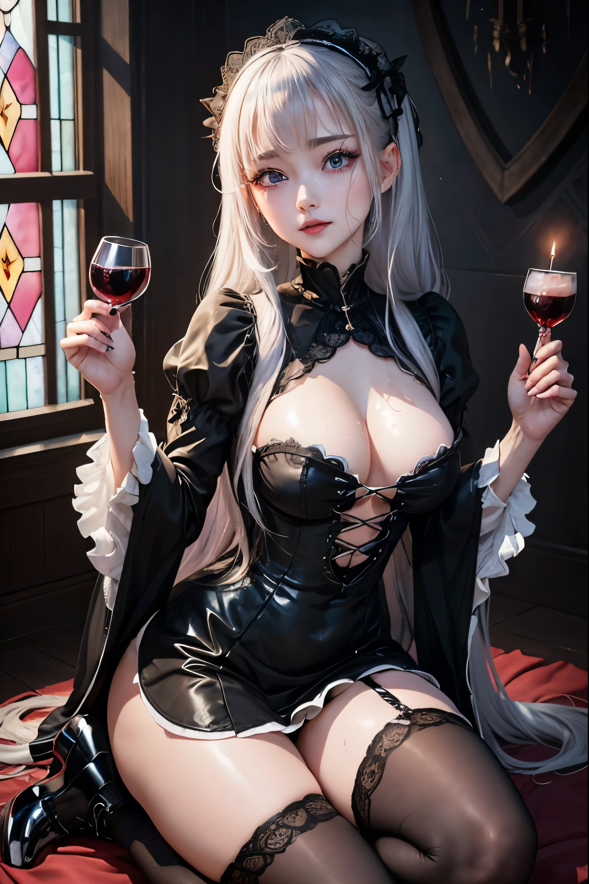 Hard Dark Gothic Makeup、Black dark eyeshadow、sad、Good skin radiance、Dark Gothicメイク、Dark smile、palace、The beauty of fragrance、24-years-old、Expression of intense sexual pleasure、Embarrassed look、Dark Gothic、Highest quality、Expression of sexual pleasure amid suffering、Drunk face、紫のMaid clothes、Mysterious、Noble、The face of someone holding it in the toilet、sexy、Loving smile、Twin tail hair、Right blue eye, Left eye is red、Super tempting pose、Platform Heel Shoes、Heavy makeup、Gothic ta clothes、Silver Hair、Long Hair Straight Hair、Cute Gothic Loliress、Beautiful Face、elegant features、Attractive face、Stained glass is the background、Chest glistening with sweat、The room is dark、goth long dress、Bell Sleeves、Wizard Sleeve、Decadent look、Sexually excited expression、Glossy thighs wet with water、Thighs that are wet and shiny with oil、Background of a room full of roses、sad expression、Rose Maiden、The embroidery is pink、The dress has pink embroidery.、Thigh-high socks、Knee-high socks、Gentle expression、Dark black eyeshadow、Stained glass and rose background、thighs are a little thin、Female Duo、Female couple、dark church background、Stained glass、Black metal world、Dark Castle、Dark Room、Slender body、gothic long dress、Victorian dress、Small breasts、Hold the wine in your right hand、Hold the lantern in your left hand、pantyhose、The bed is covered with roses、Lying in bed、Her thighs are shining with sweat、My body is wet and shiny、Lots of glitter on the thighs、sweating、My thighs are sticky from sweating、Sweat glistening on my thighs, The whole body is sweaty and shiny、I sweated a lot.、My thighs are sweaty、My thighs are wet、My thighs are shining with sweat、A lot of sweat glistening all over the body、Slender body、Sleep and lie down、Sleeping on a bed、Beautiful legs、Stretch your legs、