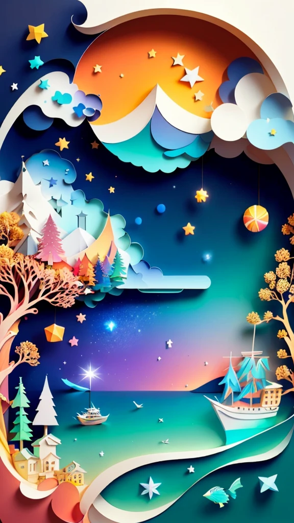 (((Masterpiece))),Best Quality, illustration, sky, cloud, water, Star \(Symbol\), tree, nonhuman, evening, bird, officer, building, Star \(sky\), evening sky, scenery, Starry sky, watercraft, castillo, boat, waves, tower, bottle. Vibrant color scheme, Luz outfit,(warm color:1.2),watercolor painting, light background, Best Quality exquisite details,3D rendering,octane rendering, pastel, Paper_cut