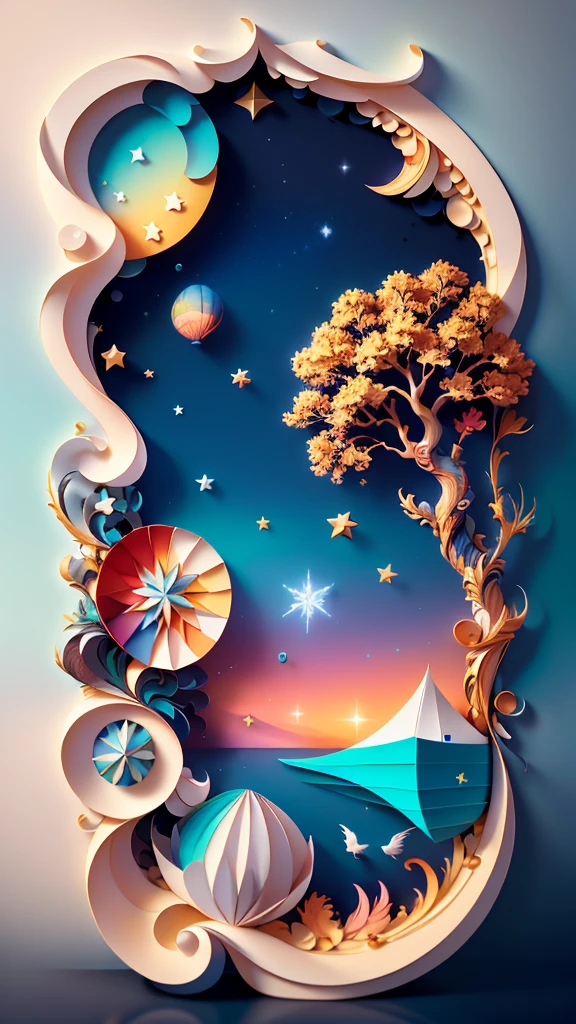 (((Masterpiece))),Best Quality, illustration, sky, cloud, water, Star \(Symbol\), tree, nonhuman, evening, bird, officer, building, Star \(sky\), evening sky, scenery, Starry sky, watercraft, castillo, boat, waves, tower, bottle. Vibrant color scheme, Luz outfit,(warm color:1.2),watercolor painting, light background, Best Quality exquisite details,3D rendering,octane rendering, pastel, Paper_cut
