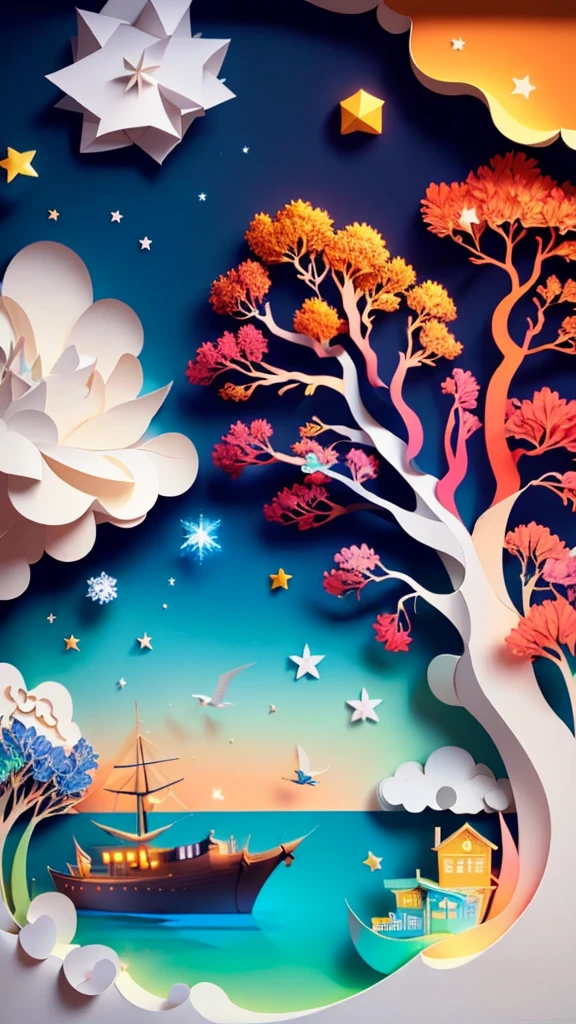(((Masterpiece))),Best Quality, illustration, sky, cloud, water, Star \(Symbol\), tree, nonhuman, evening, bird, officer, building, Star \(sky\), evening sky, scenery, Starry sky, watercraft, castillo, boat, waves, tower, bottle. Vibrant color scheme, Luz outfit,(warm color:1.2),watercolor painting, light background, Best Quality exquisite details,3D rendering,octane rendering, pastel, Paper_cut