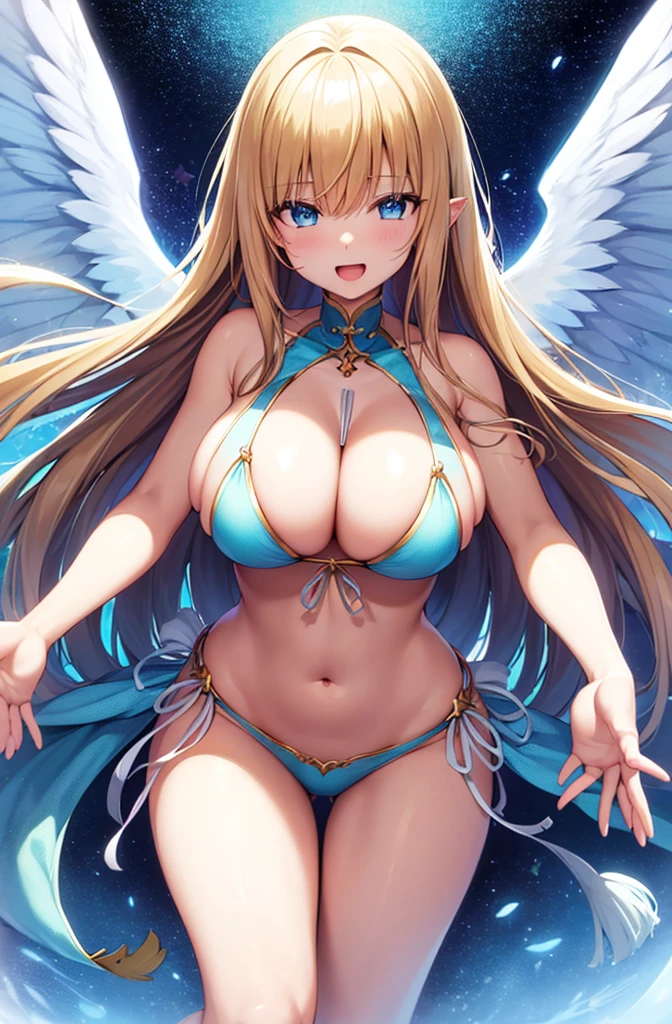 最high quality, high quality, 8K、High resolution,Highest quality、solo、胸に翼のある白いビキニを着たadult female angel、belly button、Thighs、tall、super Wide Angel, Open Mouth Smile、Thighs、Naturally Shaped Fingers、Long neck、from the front、Looking at this、belly button、Blonde hair and blue eyes、Majestic Angel, Anime Goddess, Wide Angel, thick, Beautiful and attractive anime woman, Huge and stunning goddess shots, Angel Adult Woman, adult female angel, She has angel wings on her back,Highly detailed goddess shot