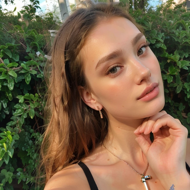 a close up of a woman with a cross necklace and earrings, portrait sophie mudd, 18 years old, jaw dropping beauty, 1 6 years old, ellie victoria gale, 19-year-old girl, face like ester exposito, perfectly lit face, brunette with dyed blonde hair, she has a glow coming from her, jaw-dropping beauty, british girl