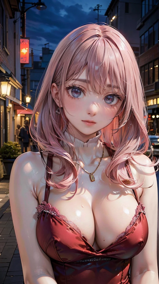 (Masterpiece, BestQuality:1.3), (ultra detailed:1.2), (hyperrealistic:1.3), (RAW photo:1.2), High detail RAW color photo, professional photograph, (Photorealistic:1.4), (realistic:1.4), (Pink Hair:1.5), professional lighting, perfect ???????, (???????????:1.2), (blush, detailed face), (cheerful Smile:1.5), Trending Hair&Trending Hairカラーをランダムに, earrings, necklace, bracelet, sexly, ?????? sexly, Random ???? gravure poses, (???? woman in a red silk dress、Night City、Captivating look、Long Straight Hair、pose in front of a building。:1.3)